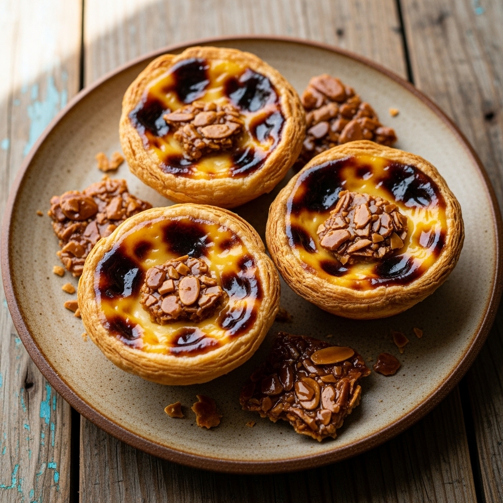 Scrumptious Vegan Portuguese Custard Tarts (Pastéis de Nata) with Almond Brittle Crumble